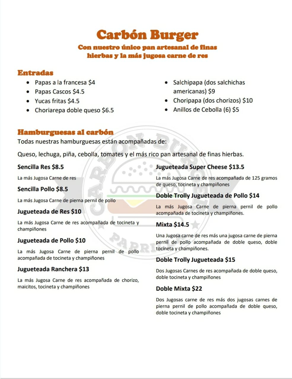 Carta de carbon burger en villa liliana — página 1